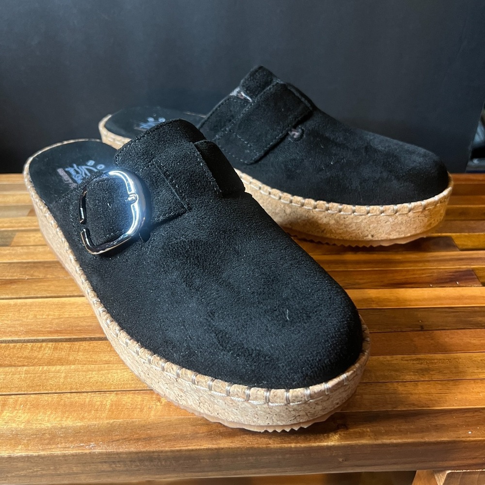 Skechers Black Suede Buckle Cork Platform Mules